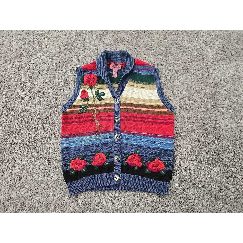 Vintage Cambridge Country Store Sweater Vest Womens M Embroidered Rose Hong Kong